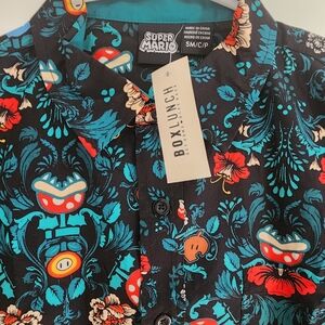 Super Mario Floral Print Men's Casual Button Down Shirt - Black and Blue